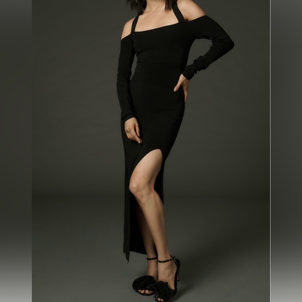 Anthropologie Long-Sleeve Square-Neck Slim Knit Midi Dress Size Large in Black